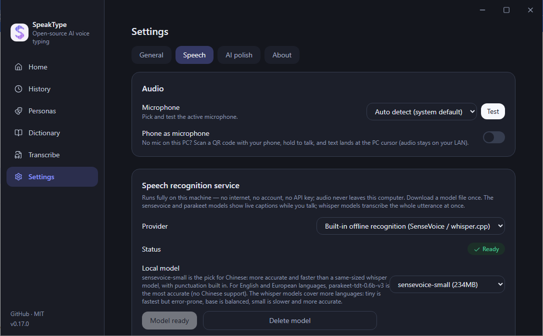Recognition settings: offline models, cloud providers and language