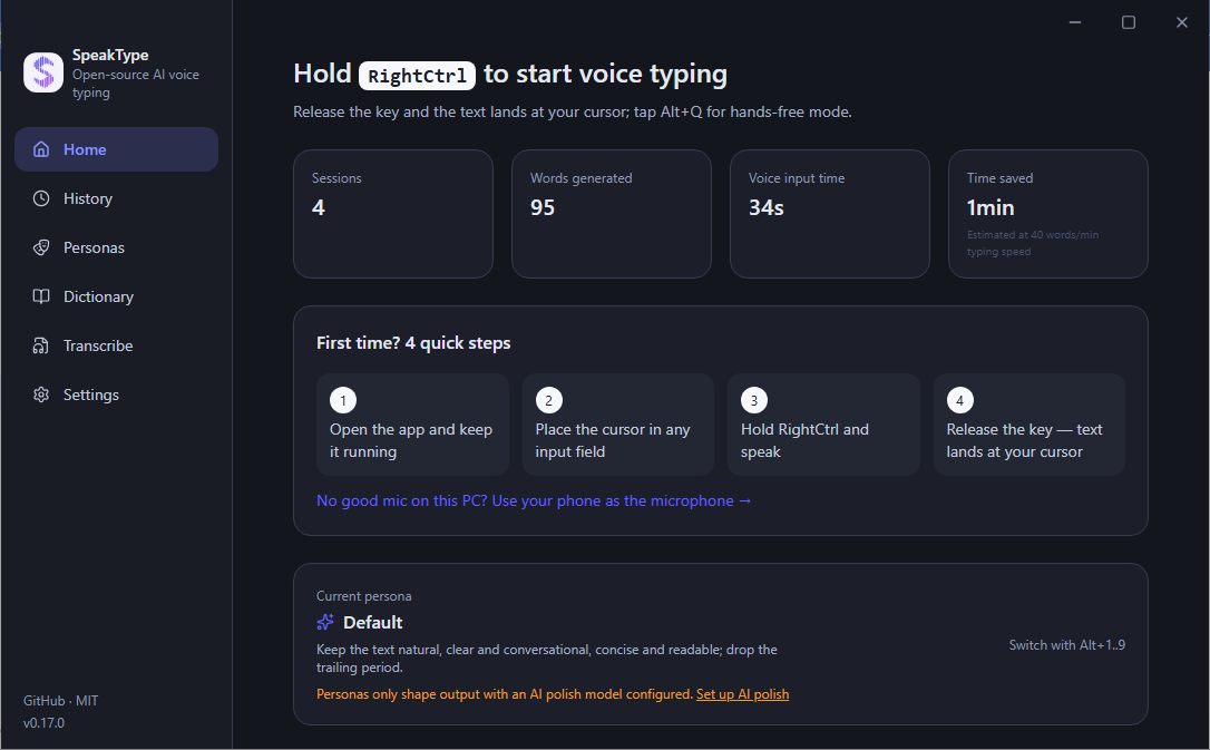 SpeakType home: today's dictation stats, hotkey hints and engine status