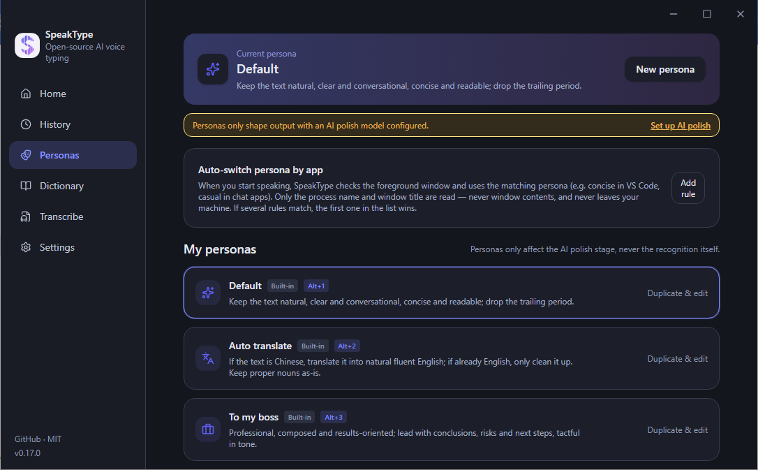 Personas: preset and custom writing styles with per-app rules