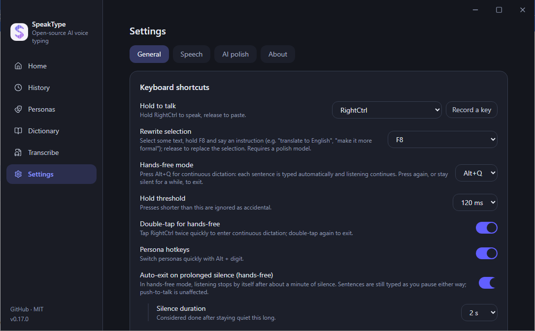 General settings: hotkeys, theme, floating bar position and language